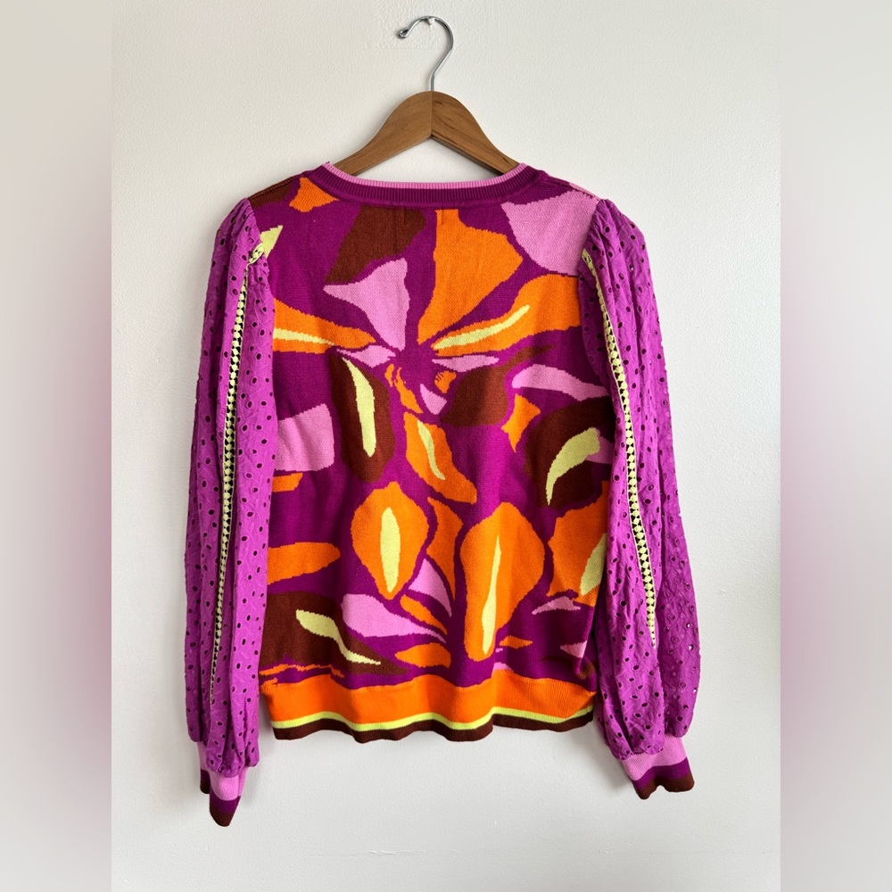 NWT Fate Barbiecore Lace Eyelet Sleeves Abstract Pink & Orange Sweater - Medium - Picture 15 of 16